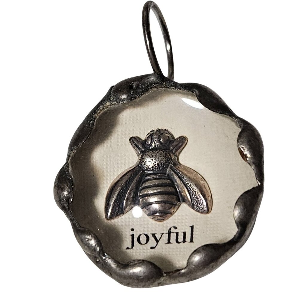 Handcrafted Pewter Bee Pendant Joyful Text Clear Resin Dome DIY Jewelry Women